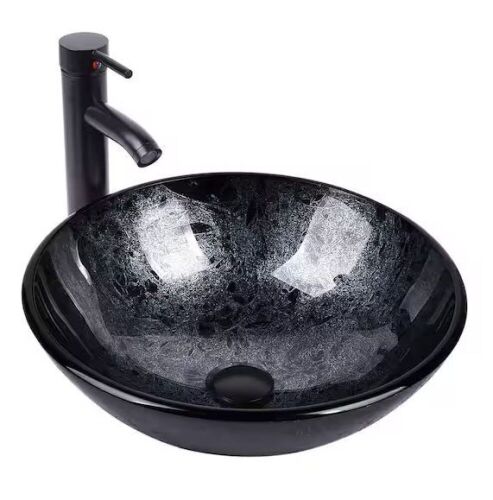 Puluomis Gray Glass Round Vessel Sink with Hand-Made Pattern  - Lot 124