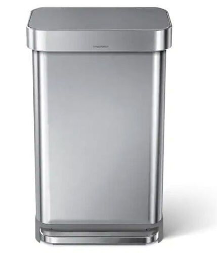 45L Liner Rim Rectangular Step Trash Can, Brushed Stainless Steel with Grey Plastic Lid - Dented Front Bottom  - Lot 120