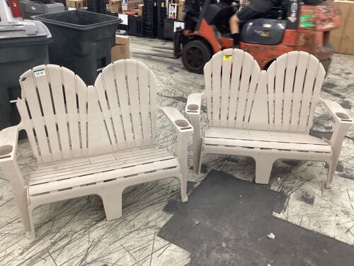 Lot of (2) StyleWell 54 in. Putty Beige Plastic 2-Person Outdoor Adirondack Bench with Phone and Cup Holders - Lot 393