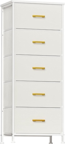 5 Drawer White Dresser with Sturdy Steel Frame, Fabric Bins, Leather Finish, Wood Top - Lot 636