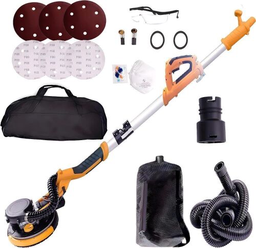 Drywall Sander with Dust Self Suction System, 750W Power, 800-1750RPM, 7 Speed Adustment Dustless Ceiling Sander, Foldable Handle, LED Light, Storage Bag and Labour Protection Appliance, Orange - Lot 7763