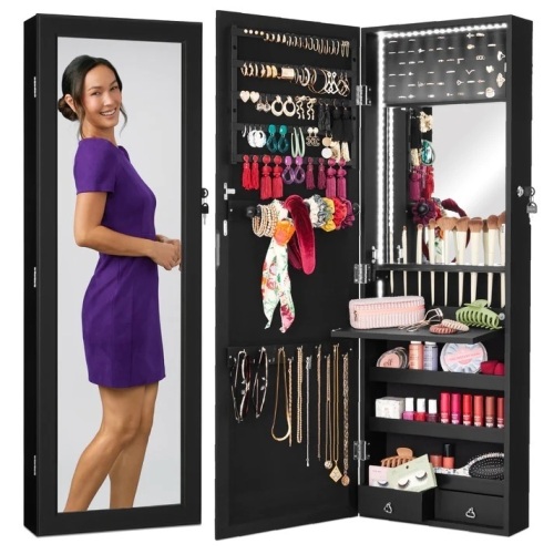 Door/Wall Mount Mirror Jewelry Cabinet Armoire w/ Inside Mirror, LED Lights - Lot 8802