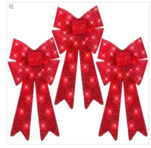 Set of 3 Pre-Lit Christmas Bow Decoration, LED Holiday Decor w/ 8 Functions - Lot 111