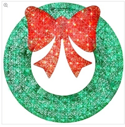 Pre-Lit Outdoor Christmas Wreath, LED Metal Holiday Decor w/ Bow - 48in - Lot 113
