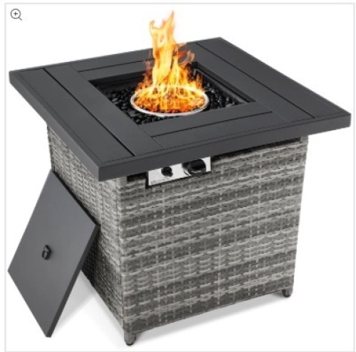 28in Fire Pit Table 50,000 BTU Wicker Propane w/ Faux Wood Tabletop, Cover - Lot 119