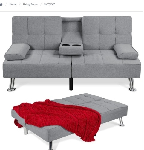 Linen Upholstered Convertible Sofa Bed Futon w/ 2 Cupholders $499.99 - Lot 170