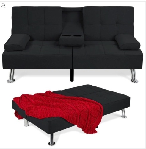 Linen Upholstered Convertible Sofa Bed Futon w/ 2 Cupholders - Lot 225