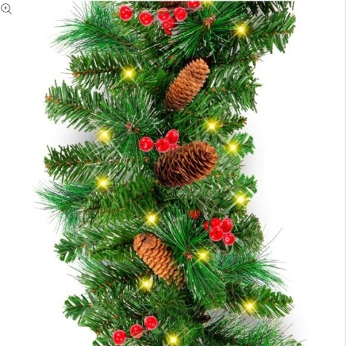 Pre-Lit Pre-Decorated Garland w/ PVC Branch Tips, 50 Lights - 9ft - Lot 181