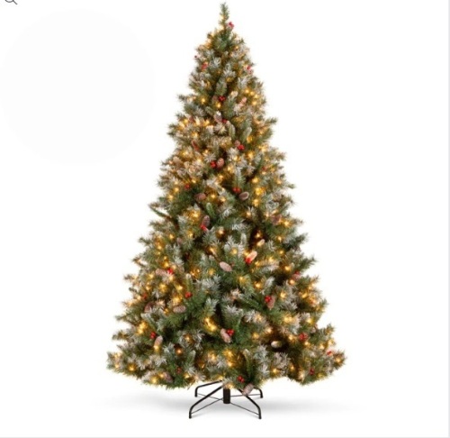 Pre-Lit Christmas Pine Tree w/ Pine Cones, Flocked Branch Tips, Berries - Lot 215