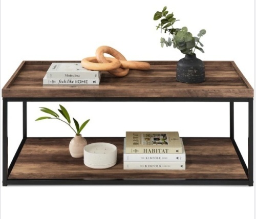 2-Tier Rectangular Tray Top Coffee Table w/ Metal Frame, Shelf - 44in - Lot 22