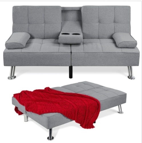 Grey Linen Upholstered Convertible Sofa Bed Futon w/ 2 Cupholders $499.99 - Lot 342