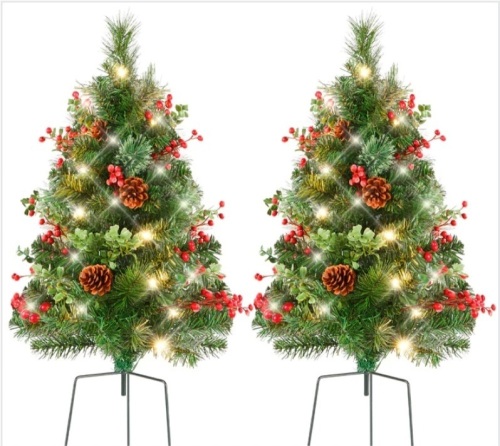 Set of 2 Pre-Lit Pathway Christmas Trees w/ Pine Cones, Timer - 24.5in $74.99 - Lot 88