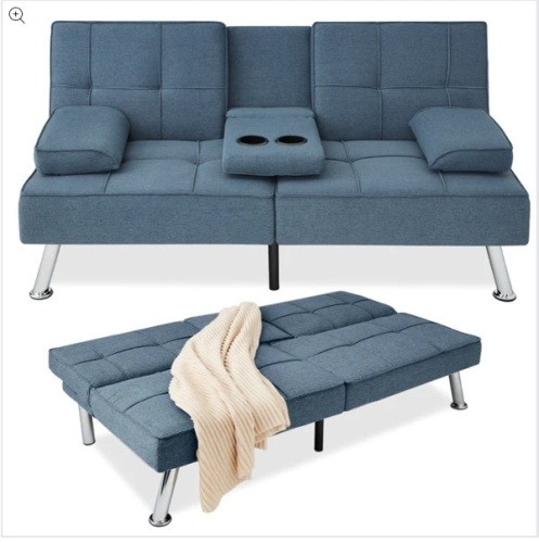 Linen Upholstered Convertible Sofa Bed Futon w/ 2 Cupholders - Lot 26