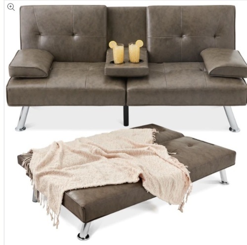 Faux Leather Upholstered Convertible Sofa Bed Futon w/ 2 Cupholders - Lot 37