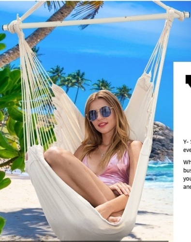 Y- Stop Hammock Chair Macrame Swing Chair, Max 330 Lbs, Hanging Chair Cotton Rope Hammock Chair Swing for Indoor and Outdoor Use, White - Lot 139