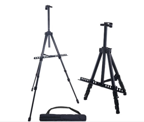 66 Inch Sturdy Black Aluminum Tripod Artist Field and Display Easel Stand - Adjustable Height 20" to 5.5 Feet, Holds 32" Canvas - Floor and Tabletop Displaying, Painting - Lot 237