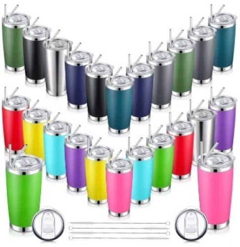 24 Pack Insulated Travel Tumblers 20oz Tumbler Double Wall Vacuum Travel Mug with Lid and Straw Stainless Steel Double Wall Coffee Cups Powder Coated Coffee Mug for Cold and Hot Drinks (Rainbow) - Lot 48