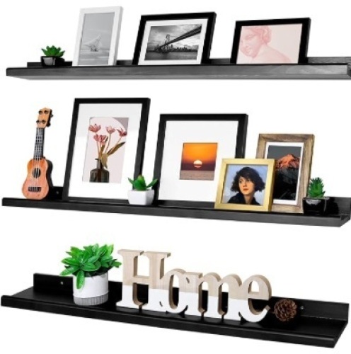 Annecy Floating Shelves Wall Mounted Set of 3, 36 Inch Black Rustic Wood Shelves for Wall, Wall Storage Shelves with Guardrail Design for Bedroom, Bathroom, Kitchen, Office - Lot 49