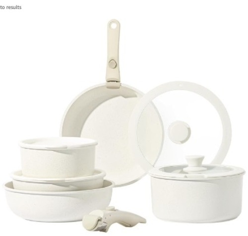 CAROTE 11pcs Pots and Pans Set, Nonstick Cookware Sets Detachable Handle, Induction RV Kitchen Set Removable Handle, Oven Safe, Cream White - Lot 54