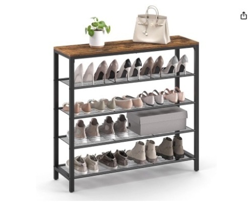 Shoe Rack, 5-Tier Shoe Storage Organizer with 4 Metal Mesh Shelves for 16-20 Pairs and Large Surface for Bags, for Entryway, Hallway, Closet, Industrial, Rustic Brown and Black ULBS15BX - Lot 63
