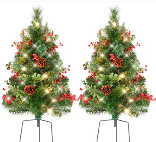 Set of 2 Pre-Lit Pathway Christmas Trees w/ Pine Cones, Timer - 24.5in $74.99 - Lot 327