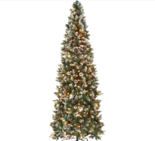 7 1/2' Pre-Lit Partially Flocked Pencil Christmas Tree w/ Pine Cones, Metal Stand $272.99 - Lot 330