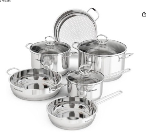 SUNHOUSE - Stainless Steel Cookware Set with PFOA-free, 18/10 Stainless Steel Pots and Pans Set - Tasty Cookware Set Including Saucepan, 2 Stock Pots, Steamer and 2 Frying Pans (9-Pieces Cookware Set) - Lot 120