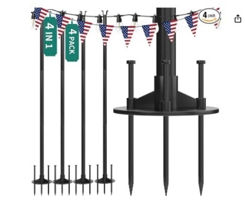 4 Pack String Light Pole, 11ft 4-in-1 Outdoor String Light Pole Stand to Hang String Lights for Patio, Garden, Backyard, Wedding, Parties, Deck, Fence - Classic Black - Lot 239