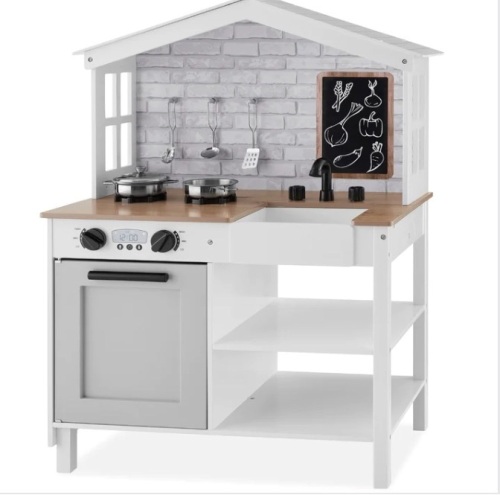 Kids Farmhouse Play Kitchen w/ Chalkboard, Storage Shelves, 5 Accessories$149.99 - Lot 398