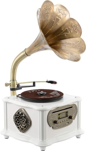 White Vintage Classic Home Decoration Retro Antique Gramophone Phonograph Turntable Vinyl Record Player Stereo Speakers System Control 33/45 RPM FM AUX USB CD Ouput Bluetooth 4.2 (White) - Lot 220a