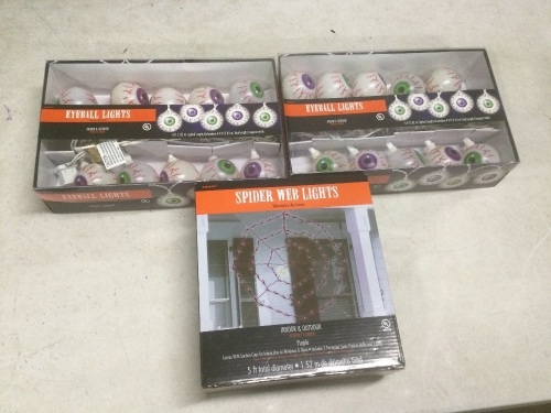 Lot of (2) Indoor/Outdoor Eyeball Lights & (1) 5' Purple Spider Web Lights - Lot 164