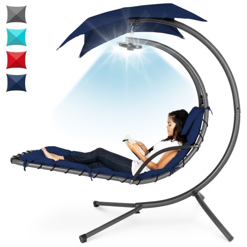 Hanging LED-Lit Curved Chaise Lounge Chair w/ Pillow, Canopy, Stand - Lot 340