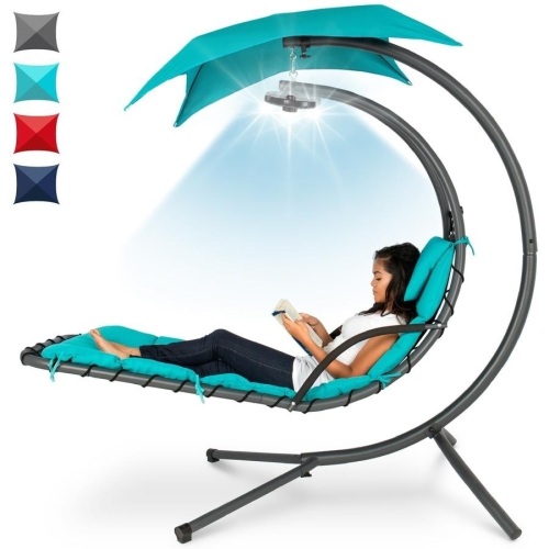 Hanging LED-Lit Curved Chaise Lounge Chair w/ Pillow, Canopy, Stand - Lot 38