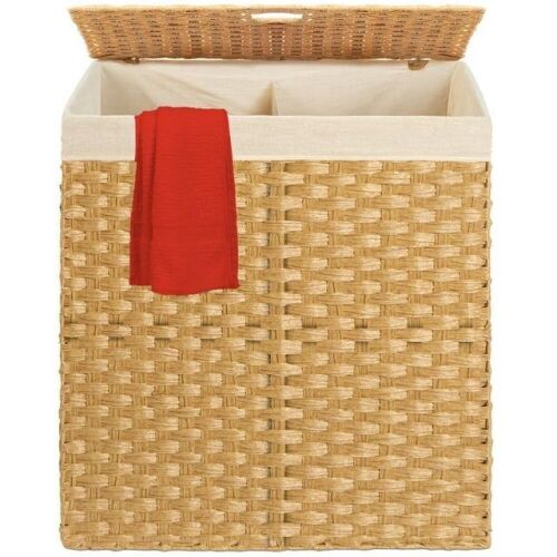 Wicker Double Laundry Hamper, Divided Storage Basket w/ Linen Liner, Handles - Lot 226