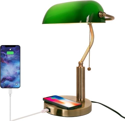 FIRVRE Glass Bankers Desk Lamp USB Wireless Charging Port  - Lot 507