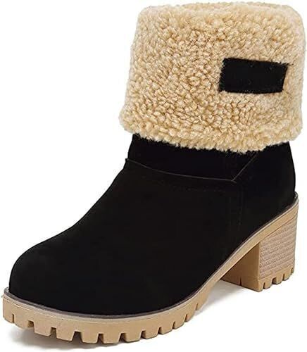 Women's Winter Snow Fleece Suede Chunky Mid Heel Round Toe Ankle Booties, Size 37 - Lot 556