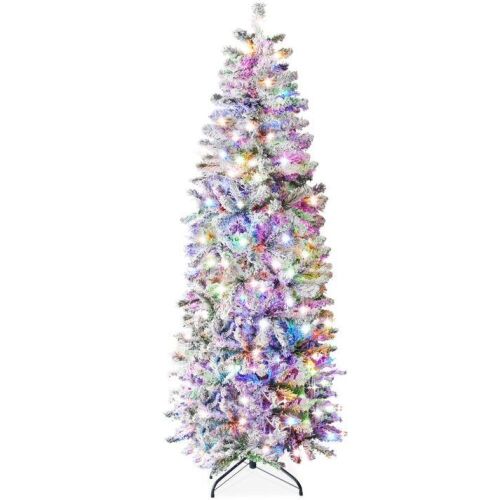 7.5' Pre-Lit Snow Flocked Artificial Pencil Christmas Tree w/ Multicolor Lights  - Lot 553