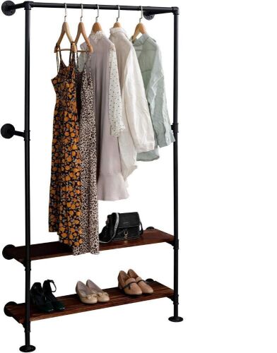Heavy Duty Industrial Pipe Clothing Rack with Shelves, Natural Wood Base  - Lot 351
