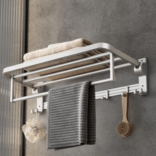 24 Inch Foldable Towel Shelf with Movable Hooks  - Lot 175