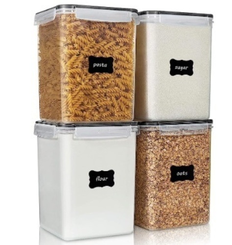 4 Pieces BPA Free Plastic Airtight Food Storage Canisters for Flour, Sugar, Baking Supplies, with 4 Measuring Cups and 24 Labels, Black - Lot 118