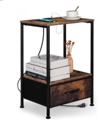 Nightstand with Charging Station, End Table with USB Ports and Outlets 2 Tier Bedside Table with Fabric Drawer Industrial Night Stand with Storage Shelf for Bedrooms Living Room, Rustic Brown - Lot 263