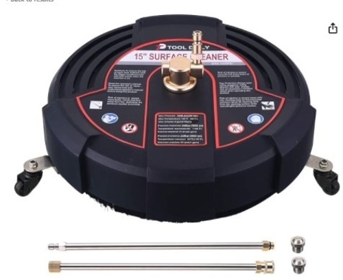 Tool Daily 15 Inch Pressure Washer Surface Cleaner Attachment with Wheels, with 2 Power Washer Extension Wands and 2 Replacement Nozzles, 3600 PSI, Black - Lot 267