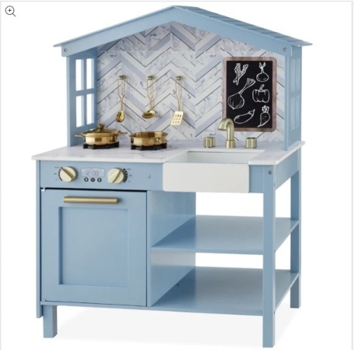 Kids Farmhouse Play Kitchen w/ Chalkboard, Storage Shelves, 5 Accessories - Lot 277