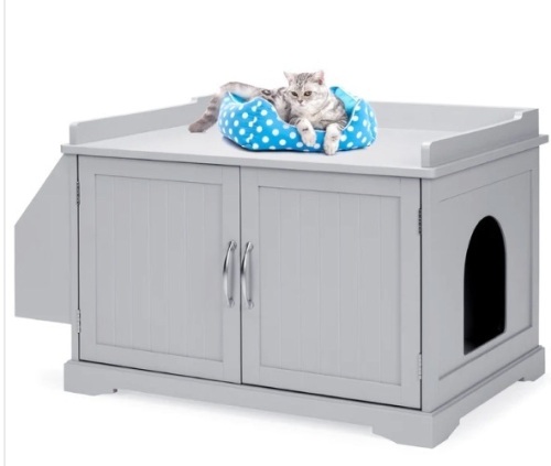 Large Wooden Cat Litter Box Enclosure & Storage Cabinet w/ Magazine Rack - Lot 286