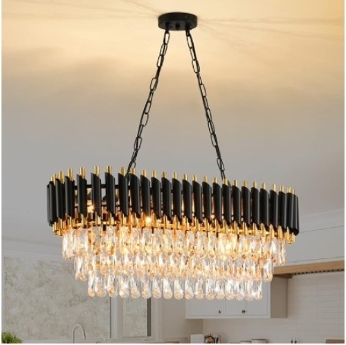 AKDXIRUN Modern Crystal Chandeliers for Dining Room 10-Light Black and Gold Chandelier Living Room Oval Contemporary Ceiling Hanging Light Pendant Light Fixture for Kitchen Island Bar L32 inch - Lot 395
