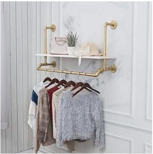 Tianman 40",Gold,White,Industrial Detachable Wall-Mounted Black Iron Wooden Garment Bar,Heavy Duty Pipe Clothing Rack,Pipe Clothes Rack, Multi-Purpose Hanging Rod for Closet Storage - Lot 396