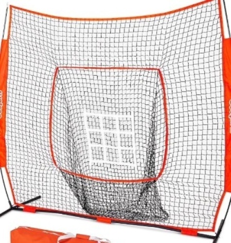 7 ft x 7 ft Baseball & Softball Practice Hitting & Pitching Net with Bow Type Frame, Carry Bag and Strike Zone, Great for All Skill Levels - Lot 401