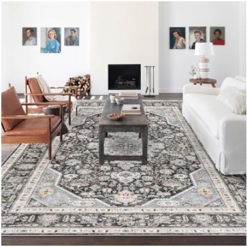 HILORUUG Washable Area Rug Oriental - 9x12 Bedroom Living Room Large Indoor Rugs Soft Vintage Rugs Non-Slip Backing Stain Resistant for Farmhouse Kitchen (9x12 Blue/Black) - Lot 429