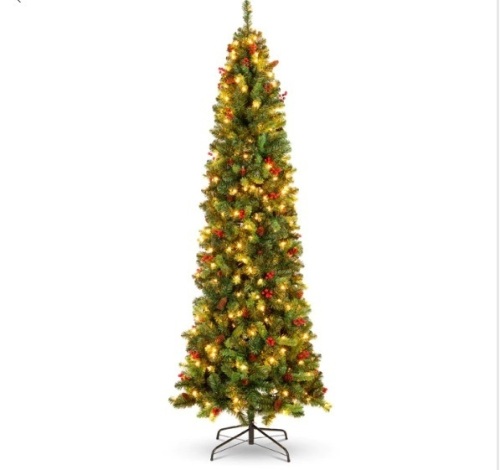 Pre-Lit Spruce Pencil Christmas Tree w/ Berries, Pine Cones 6ft - Lot 165