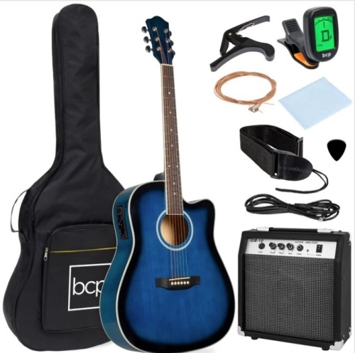 Beginner Acoustic Electric Cutaway Guitar Set w/ Case, Strap - 41in $199.99  - Lot 158